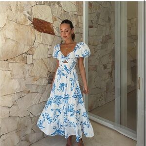 Amazon White and Blue Tiered Maxi Sundress with Puff Sleeves